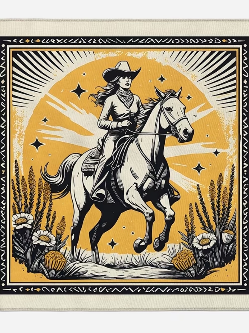 Cowgirl Horse Bandana Scarf in Yellow and Black 27.5”